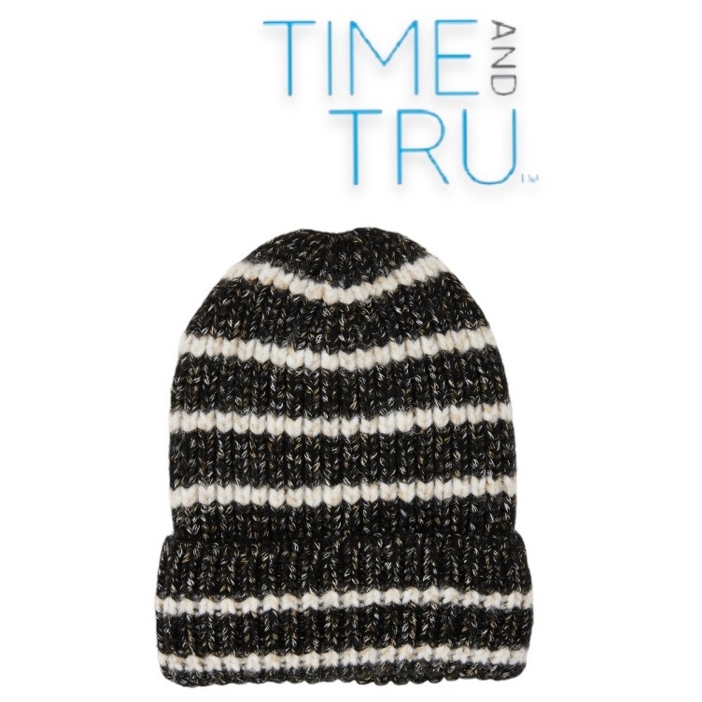 ⤵️🆕 Time and Tru Women's Striped Winter Beanie, Black Soot
